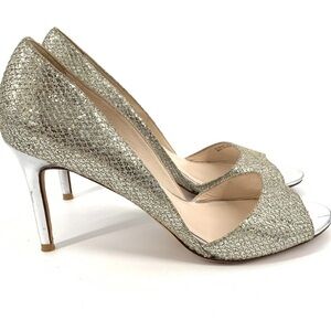 Cole Haan Grand OS Antonia Glitter D'Orsay Peep Toe Pump High Heel Silver 7.5